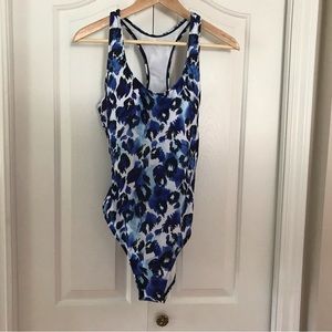 ** NWT**. NICOLE MILLER one piece razor back Blue/Blk Design bathing sui…